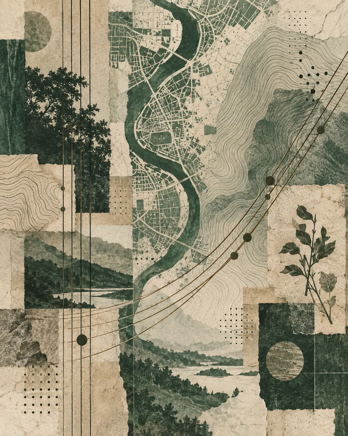 Editorial collage of forest-green map contours, data marks, and guitar strings on layered parchment